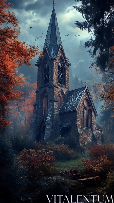 Gothic stone chapel tower in misty autumn forest clearing
