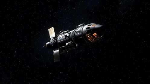 High-fidelity deep space exploration craft with lit cockpit.