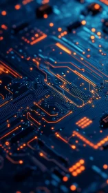 Glowing blue circuit board with orange data pathways.