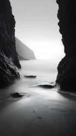 Rocky sea cove frames misty shoreline with long exposure