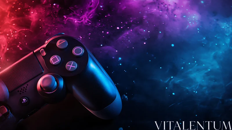 Neon game controller drifting through a cosmic color storm.