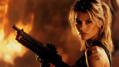 Armed woman in front of burning background, intense gaze.