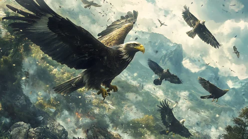 Majestic Eagles Soaring Over Rugged Mountain Landscape, Digital Art.