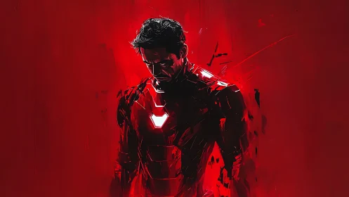 Angular red digital armor figure rendered with high contrast lighting