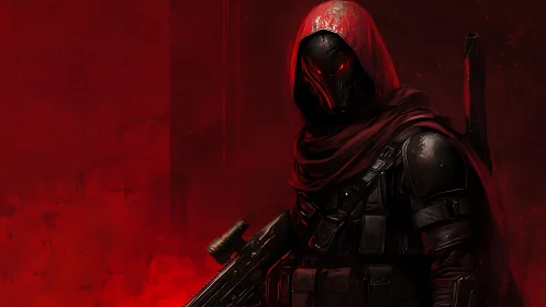 Hooded sci fi assassin stands in a blood red battlefield mist