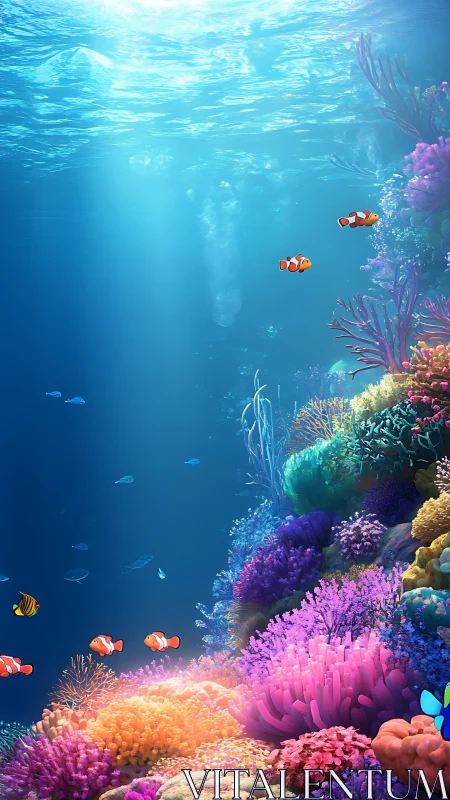 Clownfish drift through a neon coral city of drifting light