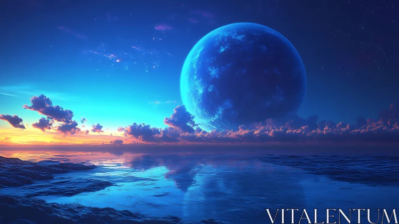 Twin-blue moonrise over neon-silent alien tideworld.