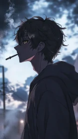 Side-profile anime boy smokes in dusk urban street scene