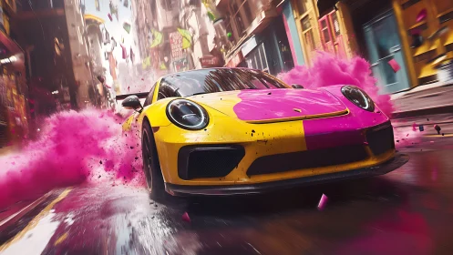 Yellow magenta sports car drifts through neon urban color burst