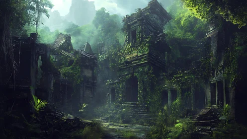 Overgrown jungle temple ruins under diffuse emerald light.