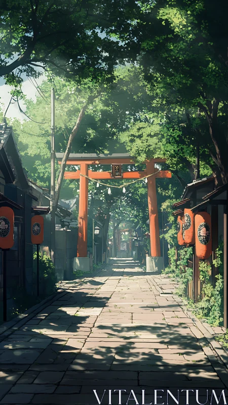 Sunlit shrine alley with vermilion torii and lanterns.