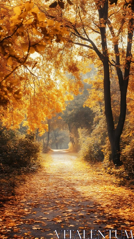 Sunlit forest path covered in golden autumn leaves.