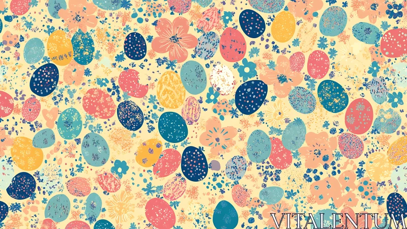 Playful pastel Easter eggs scatter across floral pattern.