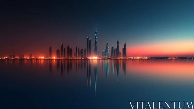 Futuristic coastal skyline glows against a calm twilight horizon