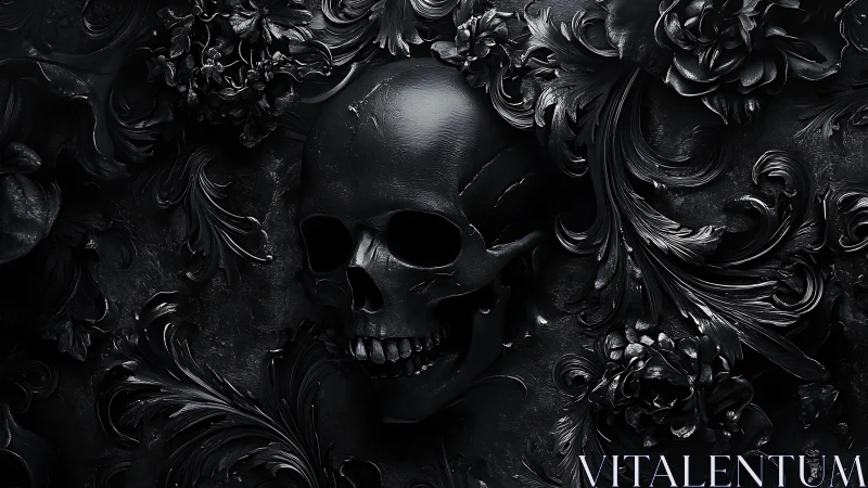 Monochrome human skull among dark ornamental foliage.