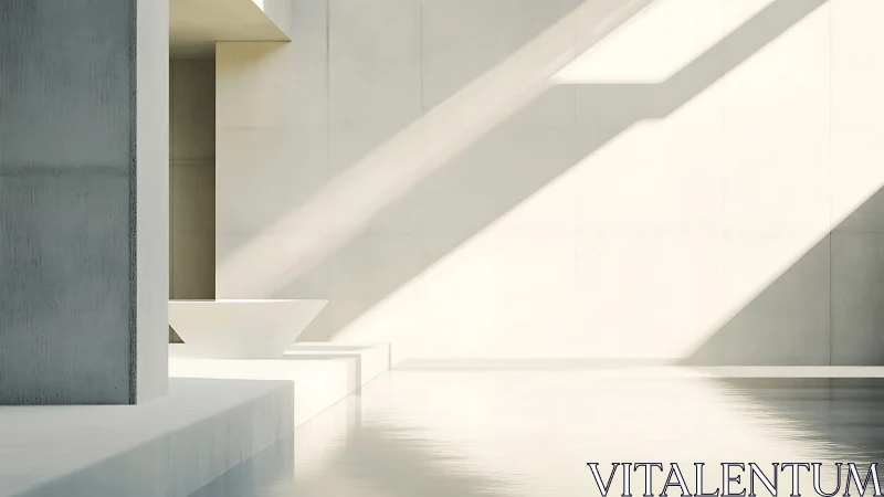 Minimalist interior space rendered with geometric forms and directional light