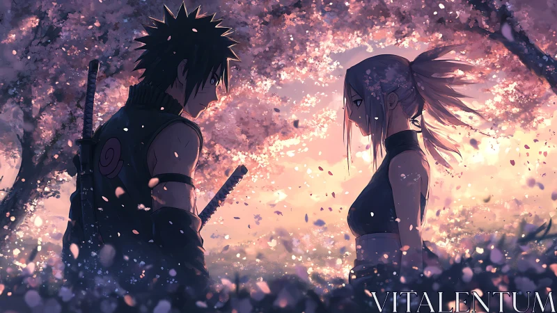 Anime duelists stand beneath sunset sakura canopy in profile