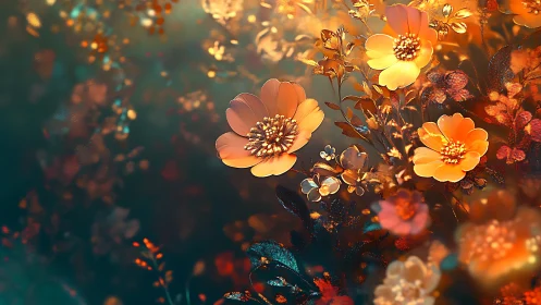 Golden Bloom: Luminous Flowers Against Teal Depth