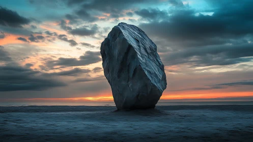 Photorealistic coastal monolith at dusk with dramatic sky framing.