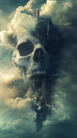 Vertical necropolis skull tower dissolves into drifting storm clouds