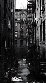 Narrow urban alleyway with fire escapes in winter chiaroscuro