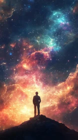 Silhouette on rocky summit under multicolor nebula skyfield