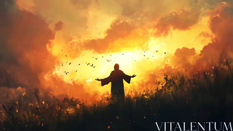 Silhouetted figure stands before blazing golden sky at dawn.