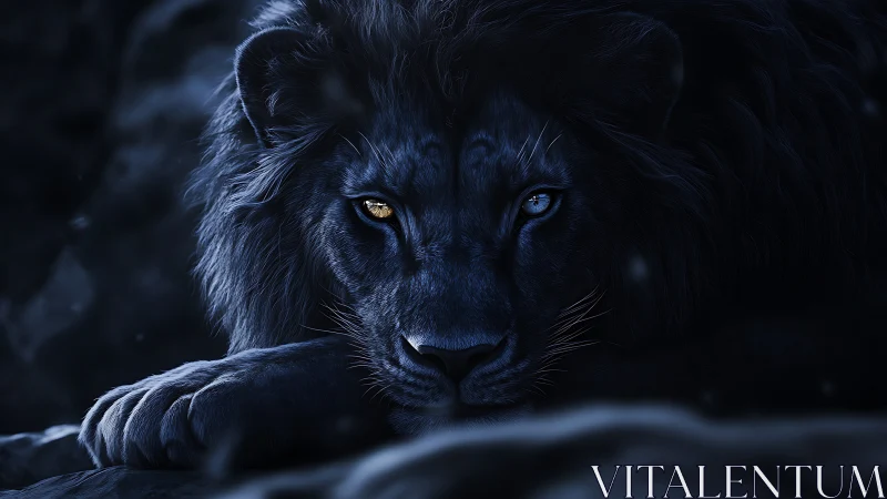 Dark-toned lion portrait with heterochromatic eyes at rest.