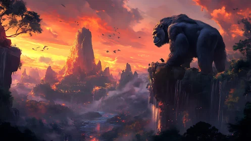 Giant gorilla guards volcanic cliffs at blazing sunset.