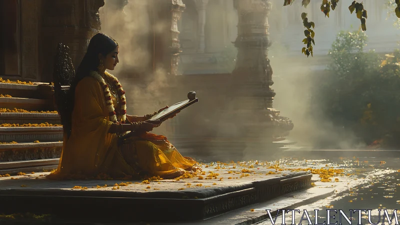 Woman in golden sari studies scripture by a misty temple pool.