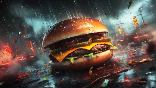 Juicy cheeseburger glows against a stormy neon city street