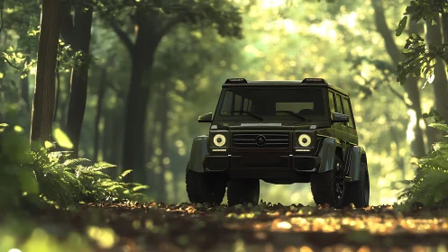 Forest trail titan: matte black 4x4 prowls green light.