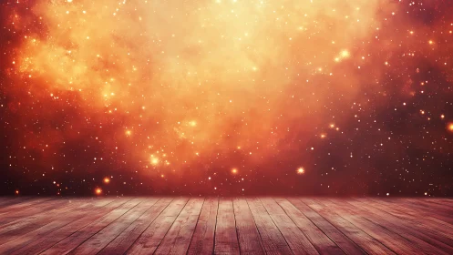 Wooden stage foreground aligned with deep orange nebula field