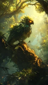 Mythic forest guardian glows atop a sunlit ancient tree.