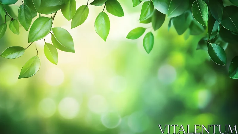 Green leaves canopy over soft bokeh forest background.