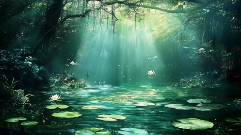 Enchanted forest pond with glowing light over lilies.