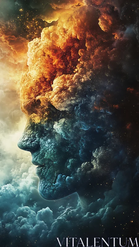 Celestial human profile sculpted from evolving nebula clouds.