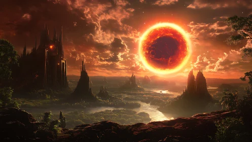 Alien landscape under large red sun above river valley.