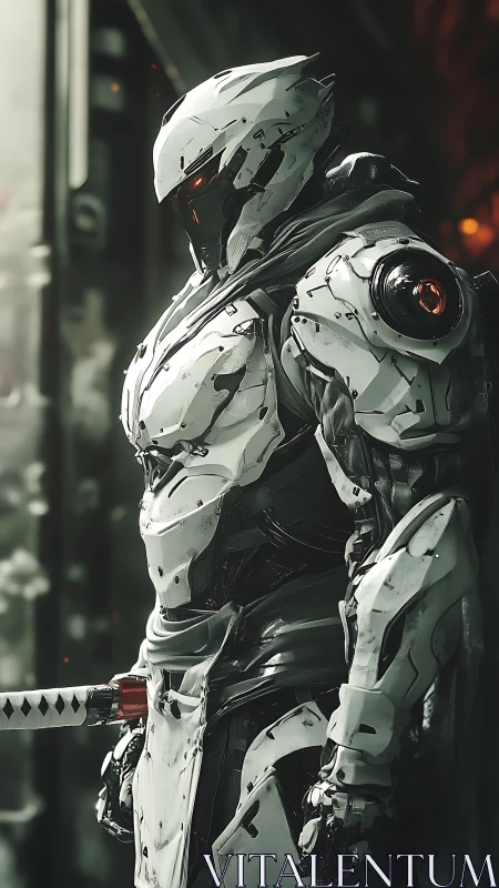 Armored humanoid figure holds katana in high contrast lighting