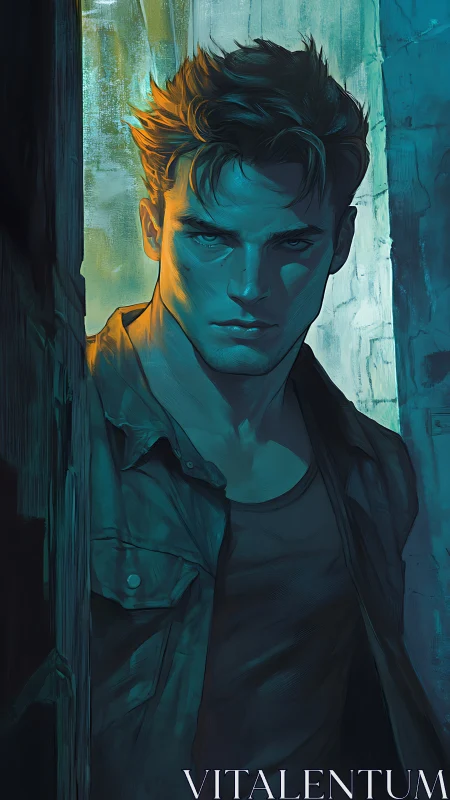 Brooding young man in teal light with intense gaze.
