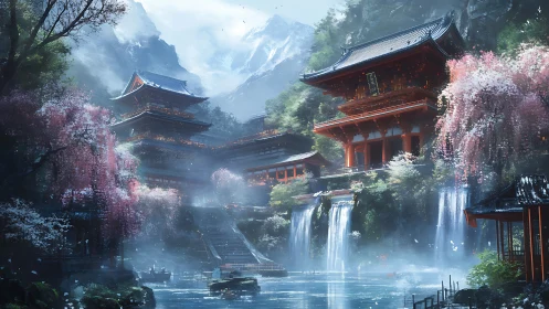 Mountain temple complex with waterfalls and cherry trees.