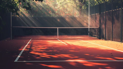 Sunlit clay tennis court catches warm evening light.