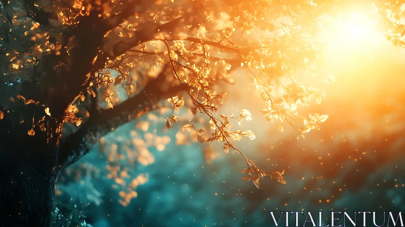 Golden sunset light gently crowns a dreamy forest tree