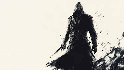 Hooded assassin silhouette stands amid abstract ink splashes