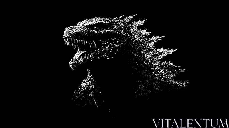 Roaring kaiju silhouette in stark monochrome profile art.