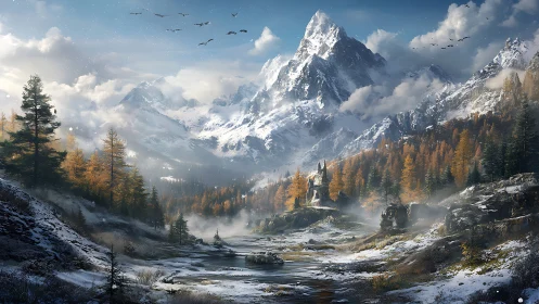 Snowcapped peak above misty valley and lonely ruined keep.