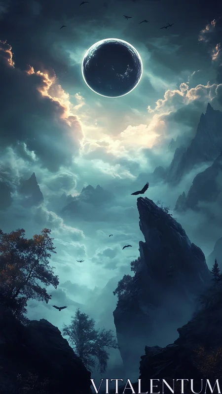 Lunar eclipse sphere dominates misty spiked mountainscape at dusk