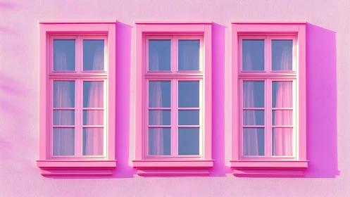 Triple pink windows in symmetric pastel architectural elevation.