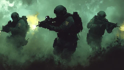 Shadow strike squad storms through toxic emerald haze.