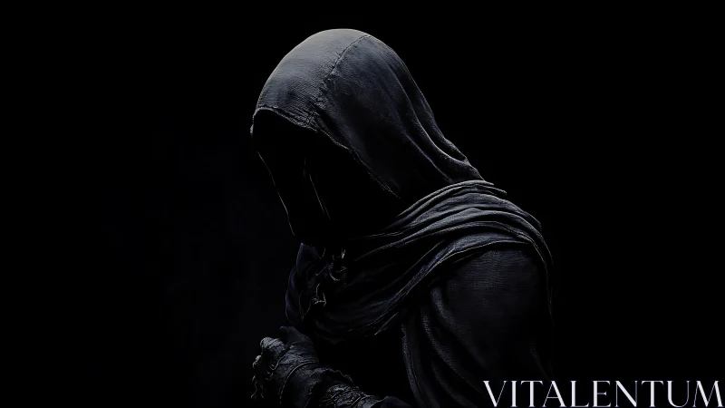 Hooded cloaked figure in side profile against black background.